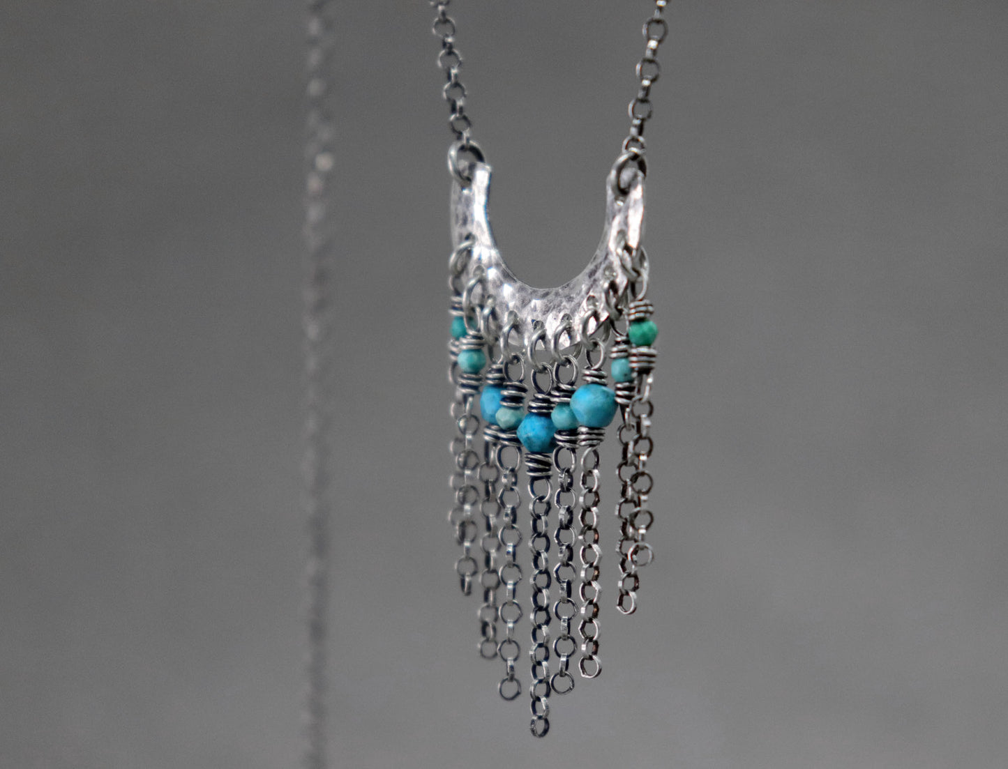 Turquoise Fringe Necklace, Hammered Crescent