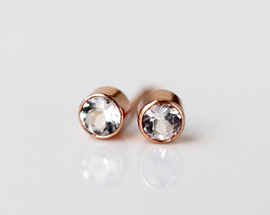 Tiny White Topaz Rose Gold Stud Earrings